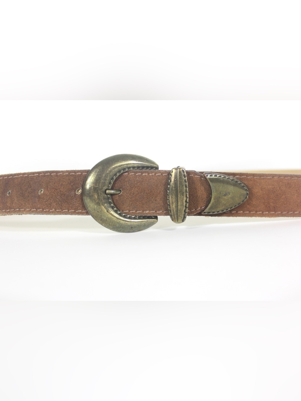 Cinnamon Brown Embossed Suede Leather Western Style Belt Brass Buckle Keeper Tip